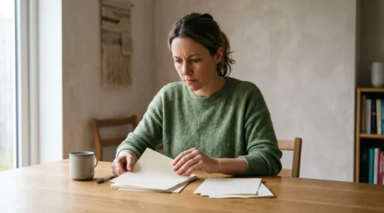 Personne organisant ses finances personnelles dans un environnement domestique calme et lumineux