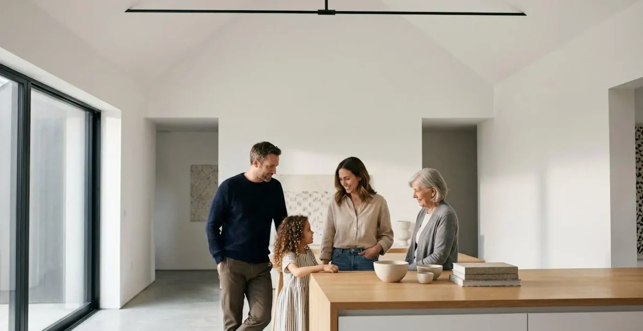 Vision large montrant une famille dans un environnement domestique chaleureux avec espace négatif intentionnel évoquant la protection financière