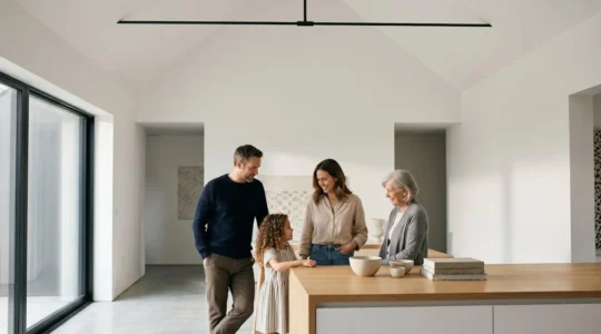 Vision large montrant une famille dans un environnement domestique chaleureux avec espace négatif intentionnel évoquant la protection financière
