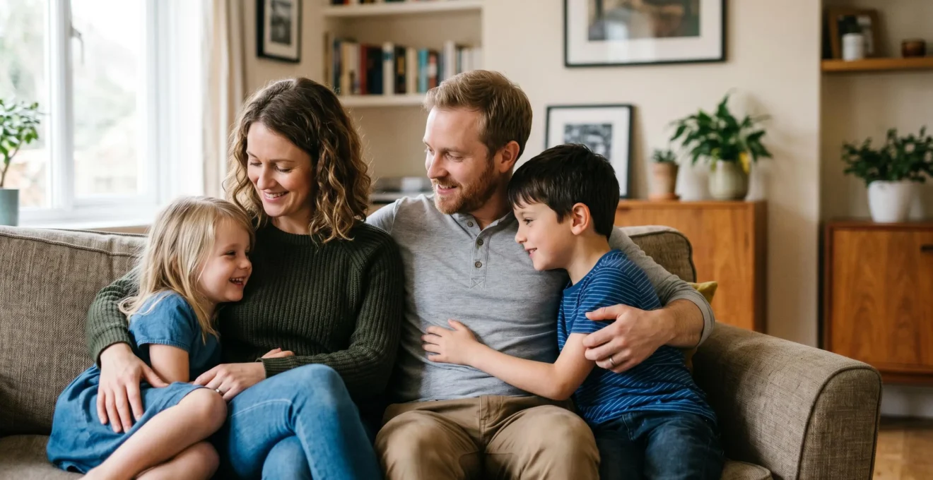 Une famille de quatre personnes dans un environnement chaleureux symbolisant la protection santé et l'équilibre budgétaire