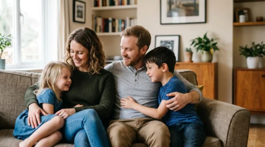 Une famille de quatre personnes dans un environnement chaleureux symbolisant la protection santé et l'équilibre budgétaire
