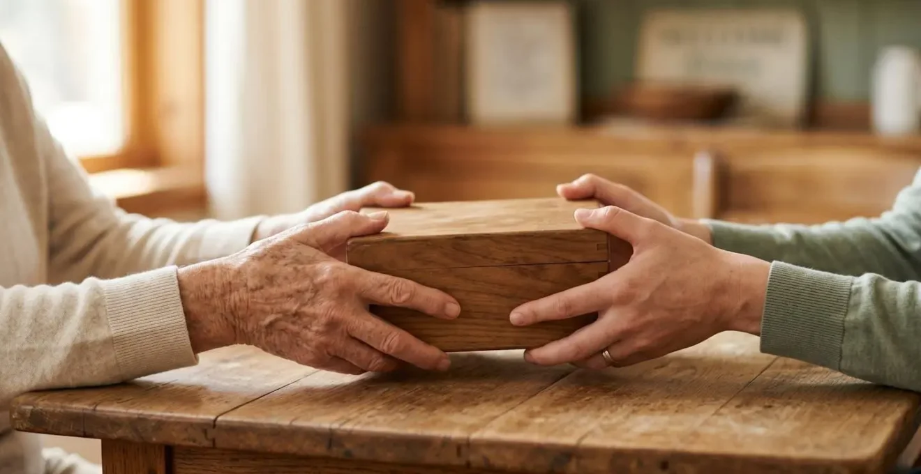 Transmission patrimoniale sereine entre générations dans un cadre familial chaleureux