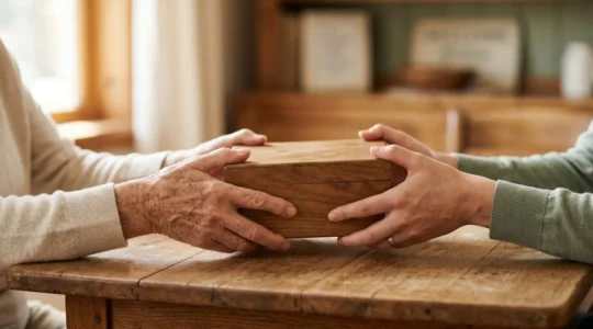 Transmission patrimoniale sereine entre générations dans un cadre familial chaleureux