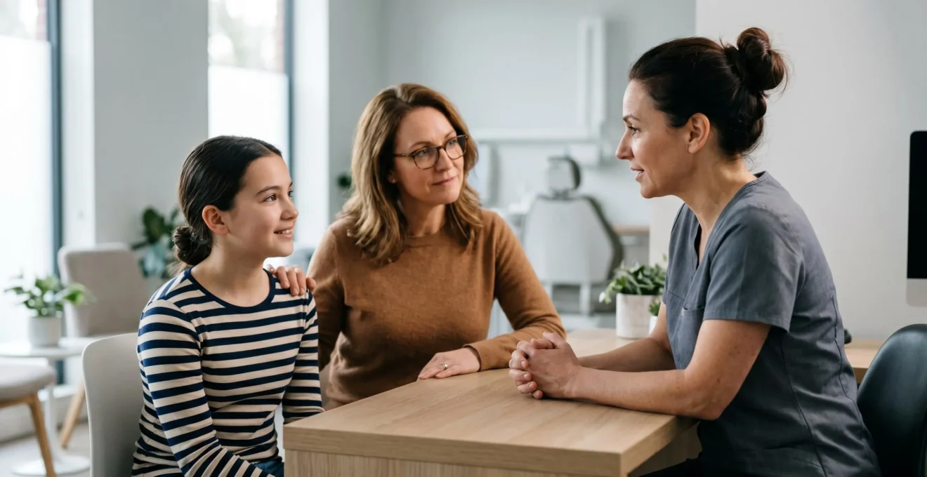Famille dans cabinet médical discutant traitement orthodontique avec professionnelle de santé