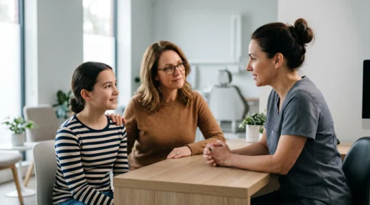 Famille dans cabinet médical discutant traitement orthodontique avec professionnelle de santé