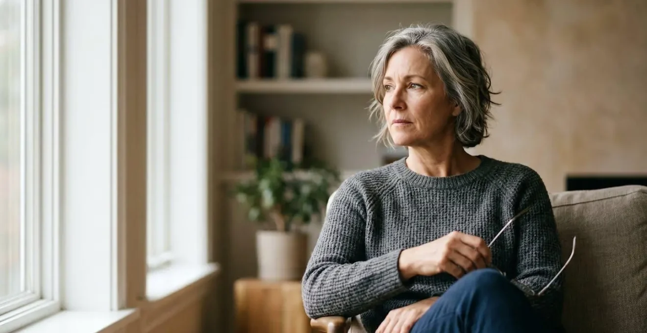 Portrait d'une personne d'âge moyen assise près d'une fenêtre avec un regard pensif, symbolisant les défis financiers de l'invalidité avant la retraite