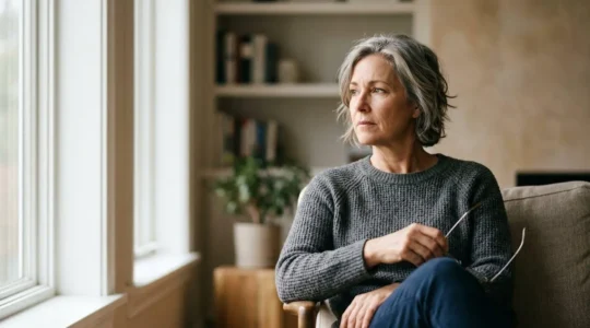 Portrait d'une personne d'âge moyen assise près d'une fenêtre avec un regard pensif, symbolisant les défis financiers de l'invalidité avant la retraite