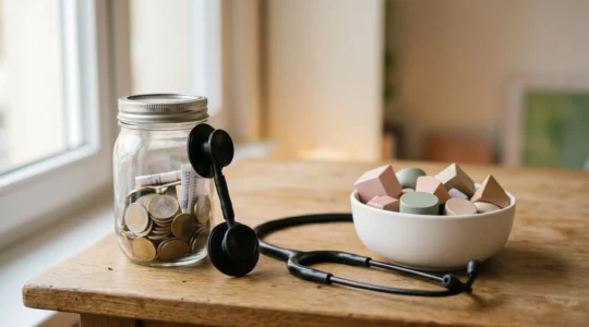 Scène symbolisant la réduction des frais de santé avec des éléments visuels représentant l'optimisation financière en matière d'assurance santé