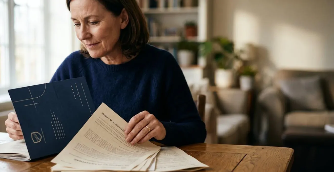 Gros plan sur des mains manipulant des documents de retraite avec une loupe révélant des détails critiques