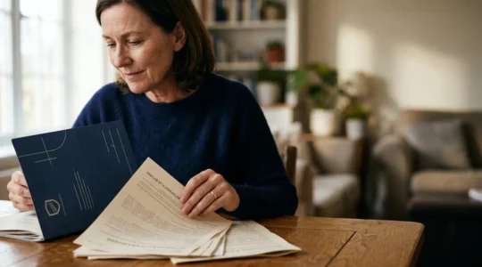 Gros plan sur des mains manipulant des documents de retraite avec une loupe révélant des détails critiques