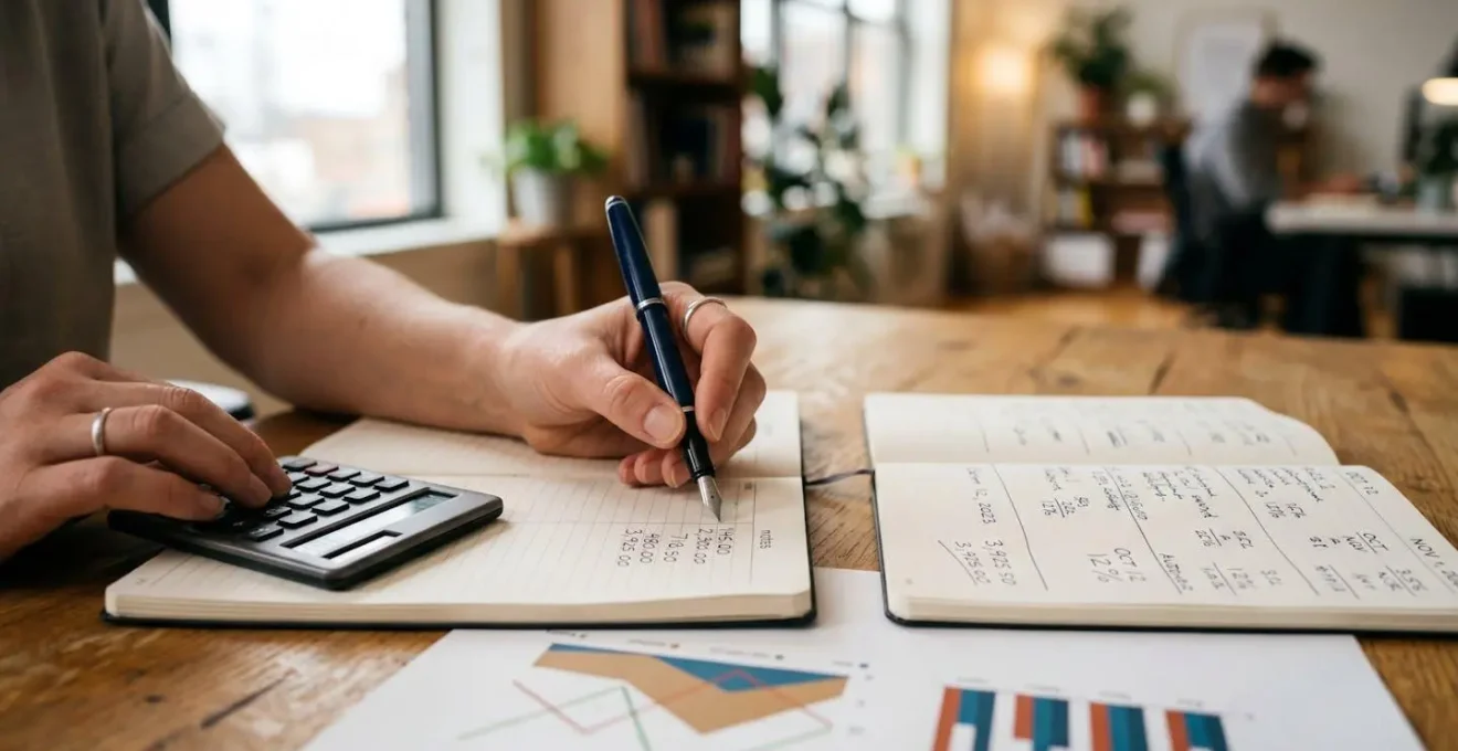 Personne analysant des documents de planification financière de retraite avec calculatrice
