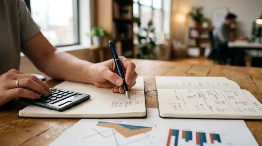 Personne analysant des documents de planification financière de retraite avec calculatrice