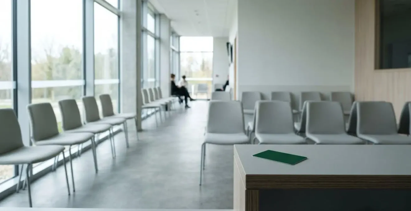 Salle d'attente médicale moderne avec carte vitale et documents administratifs