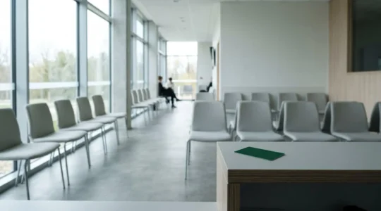 Salle d'attente médicale moderne avec carte vitale et documents administratifs