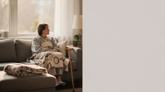 Personne en convalescence assise près d'une fenêtre lumineuse dans son salon, illustrant le retour à domicile après une hospitalisation