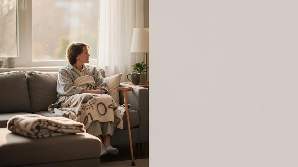 Personne en convalescence assise près d'une fenêtre lumineuse dans son salon, illustrant le retour à domicile après une hospitalisation