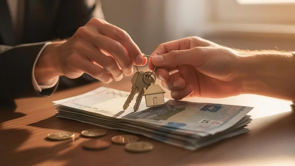 Mains tenant des clés de maison au-dessus d'une pile de pièces et billets, symbolisant l'apport personnel dans un achat immobilier