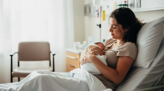 Jeune mère se reposant paisiblement avec son nouveau-né dans une chambre de maternité individuelle lumineuse