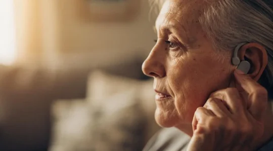 Une personne senior essayant un appareil auditif discret, symbolisant le choix entre une prothèse gratuite et une prothèse premium