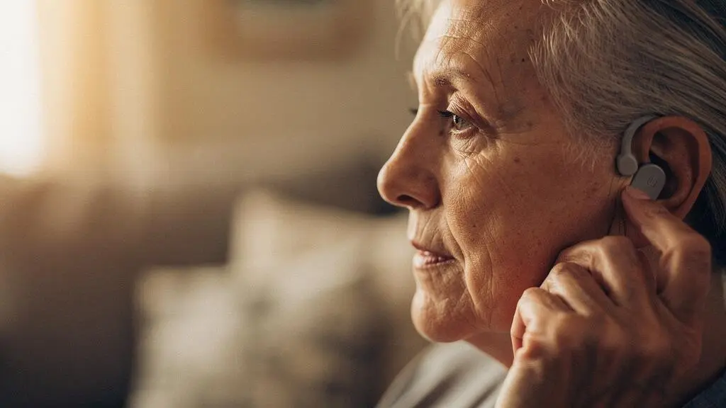 Une personne senior essayant un appareil auditif discret, symbolisant le choix entre une prothèse gratuite et une prothèse premium