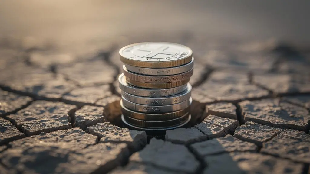 Piece de monnaie posee sur une surface fissuree symbolisant l'erosion du pouvoir d'achat de l'epargne