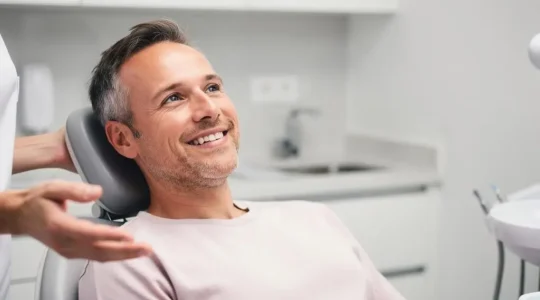 Patient souriant et rassuré lors d'une consultation dentaire grâce à une mutuelle sans délai de carence