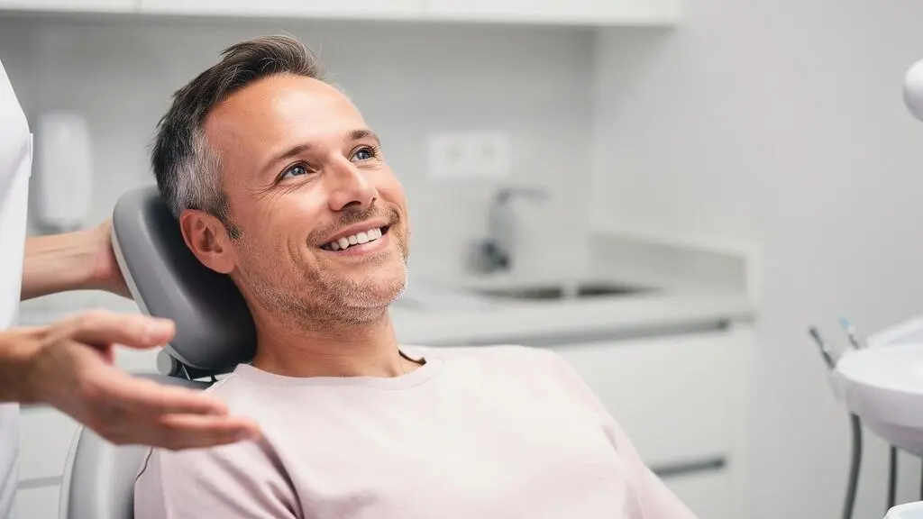 Patient souriant et rassuré lors d'une consultation dentaire grâce à une mutuelle sans délai de carence