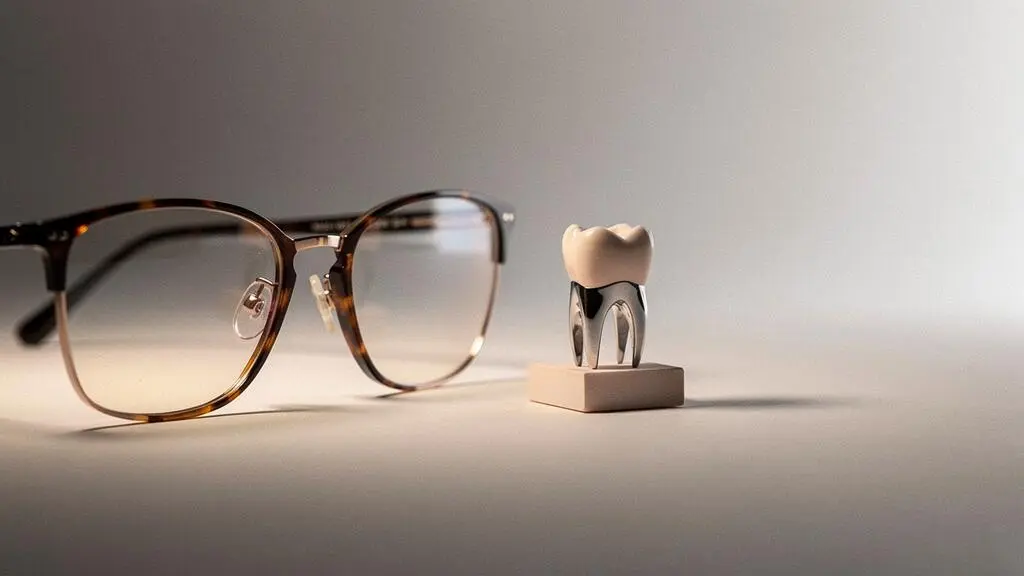 Gros plan symbolique sur une paire de lunettes et un modèle de couronne dentaire évoquant la question de la qualité du panier 100% Santé