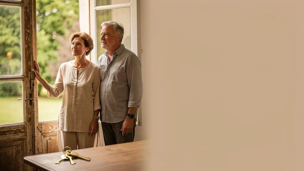 Un couple senior regarde par la fenêtre d'une maison familiale baignée de lumière douce, symbolisant le choix patrimonial entre usufruit et pleine propriété lors d'une succession