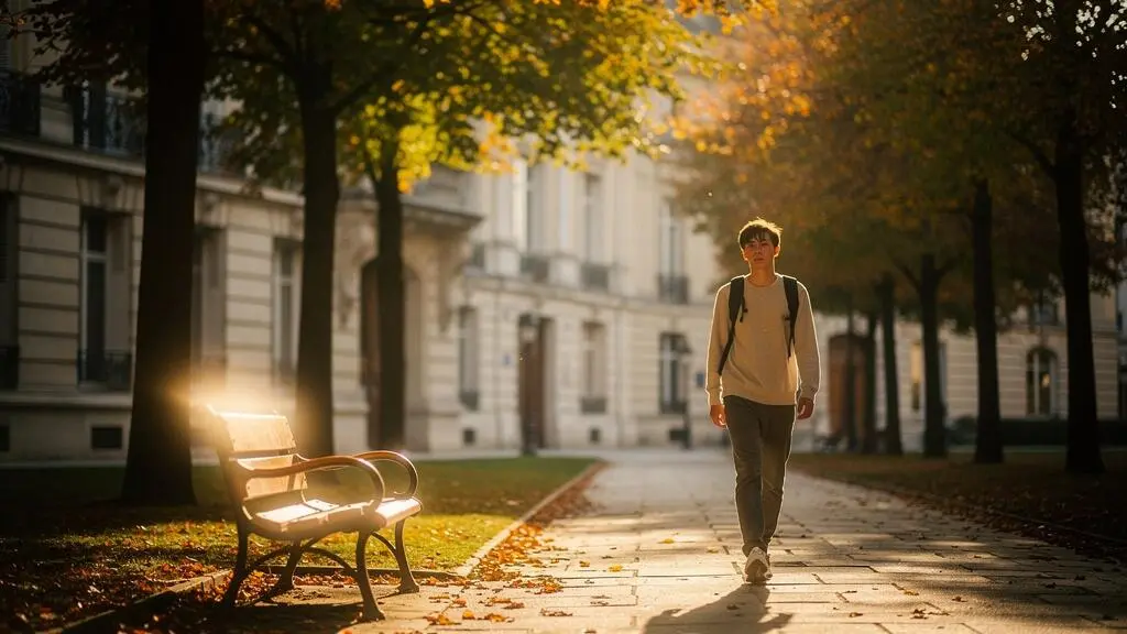 Jeune étudiant marchant seul sur un chemin lumineux traversant un campus, symbole de la continuité de son avenir éducatif malgré l'absence d'un parent