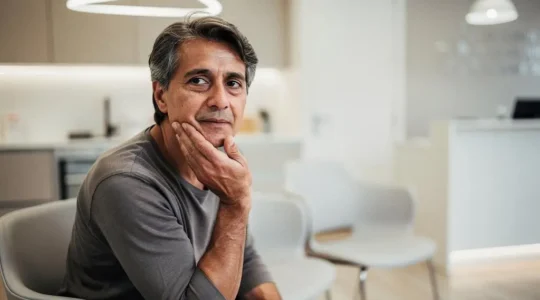 Patient souriant discrètement en sortant d'un cabinet dentaire, symbolisant les zones d'ombre du reste à charge zéro