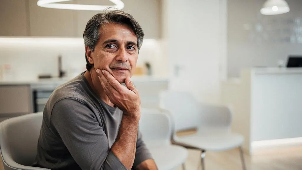 Patient souriant discrètement en sortant d'un cabinet dentaire, symbolisant les zones d'ombre du reste à charge zéro