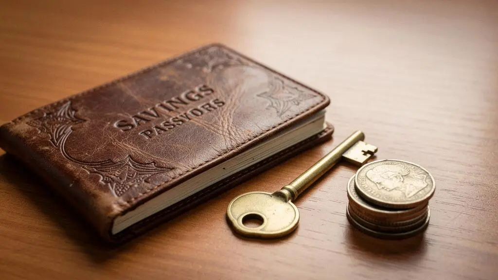 Ancien carnet d'épargne fermé posé près d'une clé de maison, symbolisant le dilemme entre conserver ou clôturer un vieux PEL