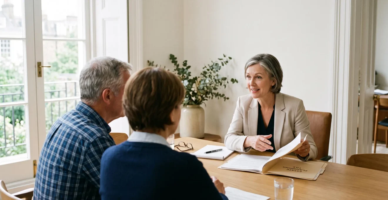 Une consultante explique un dossier de succession à un couple assis.