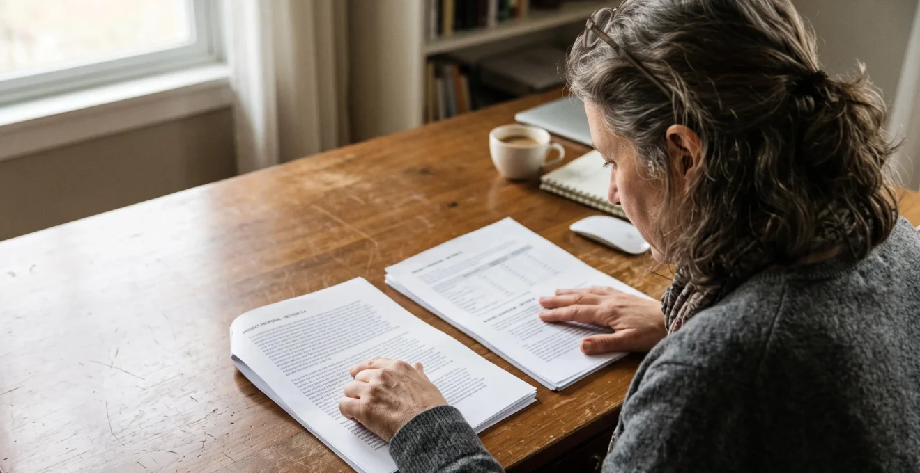 Une femme compare deux documents financiers posés côte à côte sur son bureau.