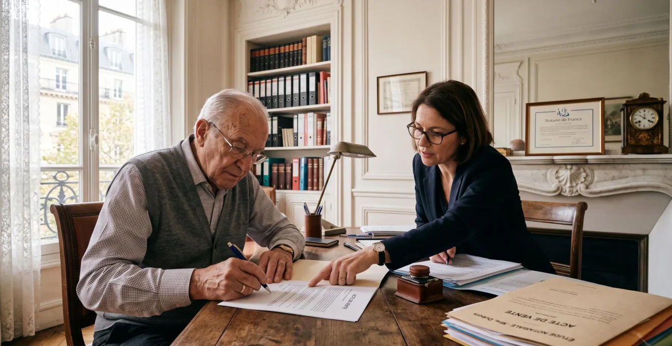 Un homme âgé signe un acte devant un notaire dans son étude.